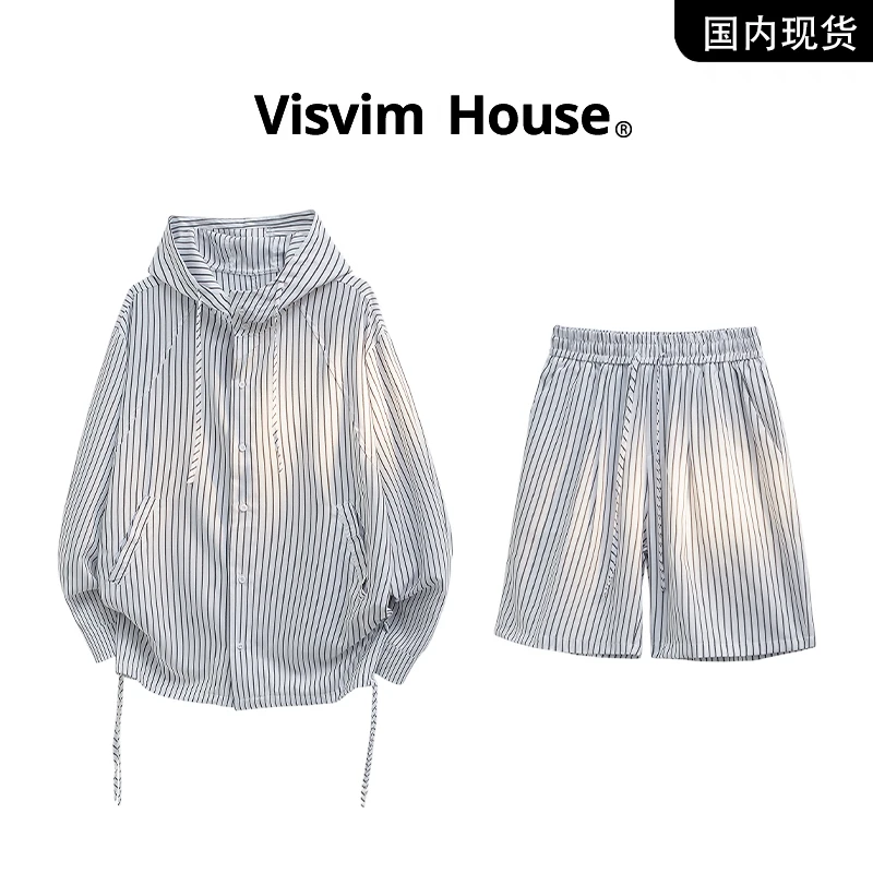 品牌现货撤柜】VISVIM WINGS夏季新款白色条纹连帽开衫短裤套装男