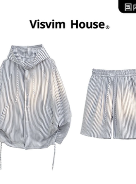 品牌现货撤柜】VISVIM WINGS夏季新款白色条纹连帽开衫短裤套装男