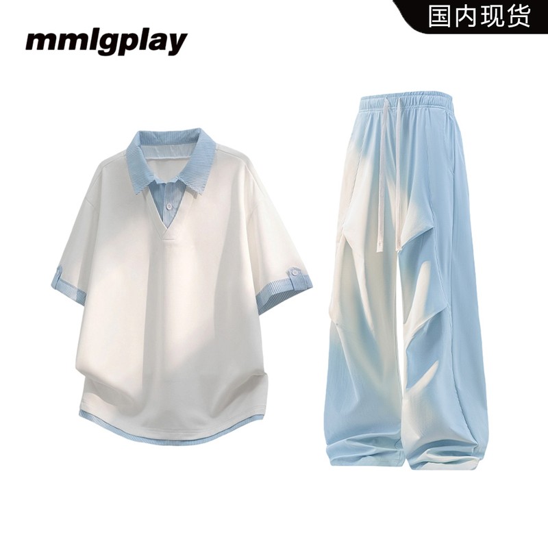 mmlgplay条纹假两件短袖男士夏季新款解构褶皱冰丝裤休闲时尚套装