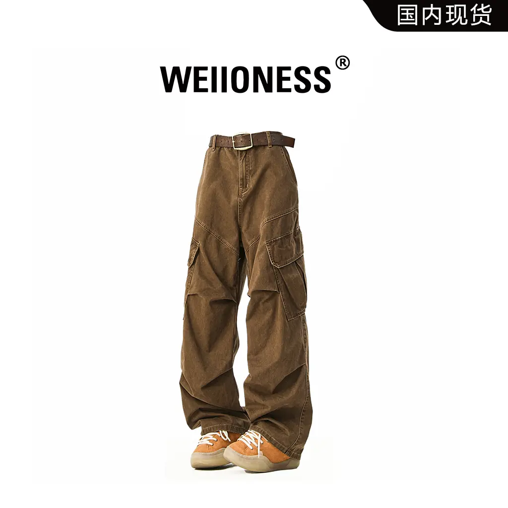 WEIIONESS美式纯棉机能工装裤男宽松直筒复古阔腿休闲裤子伐木裤