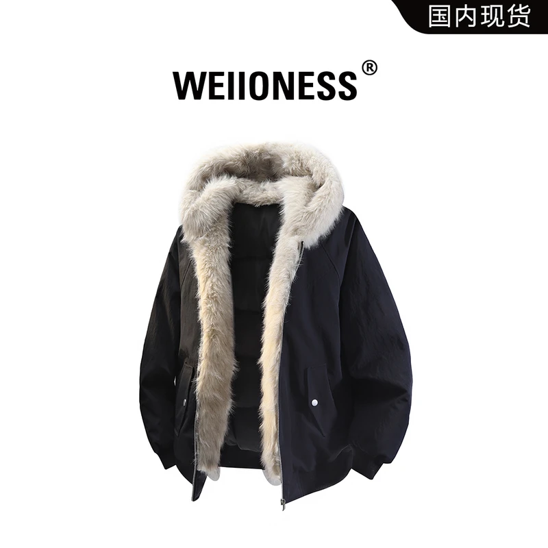 WEIIONESS美式复古羽绒服男秋冬潮流毛领坐山雕鸭绒外套痞帅男装