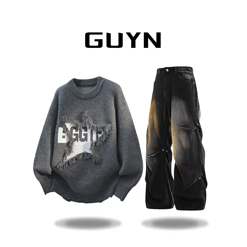 品牌正品现货】GUYN新款韩系潮流破洞圆领上衣牛仔裤裤时尚套装男