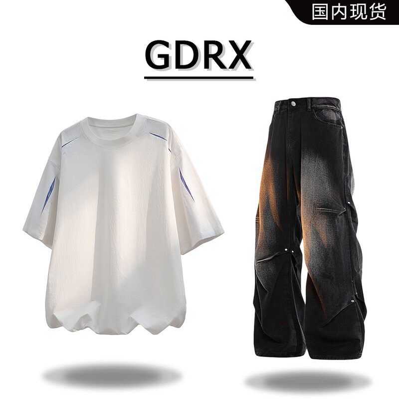 GDRX美式小众破洞短袖T恤套装2026夏季新款痞帅牛仔裤两件套男装
