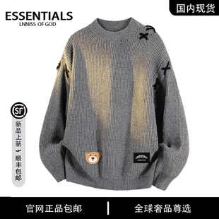 ESSENTIALS LNNISS 2025秋冬季简约毛衣小熊刺绣宽松情侣针织衫男