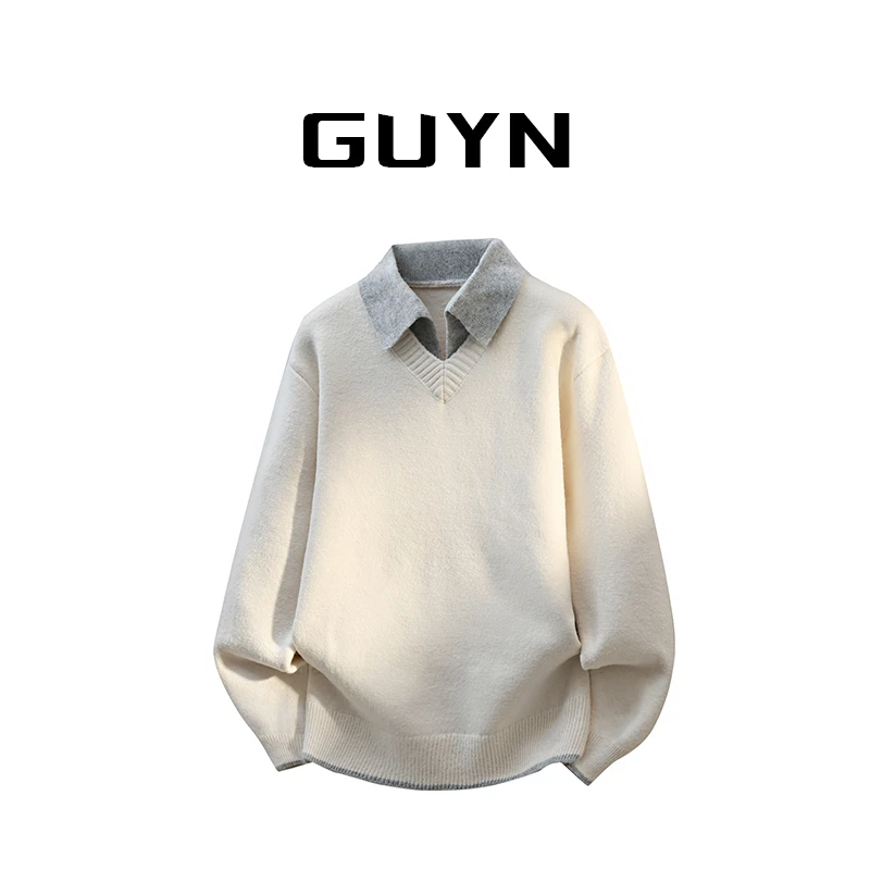 品牌正品现货】GUYN假两件毛衣男士加厚秋冬季衬衫领针织衫男百搭