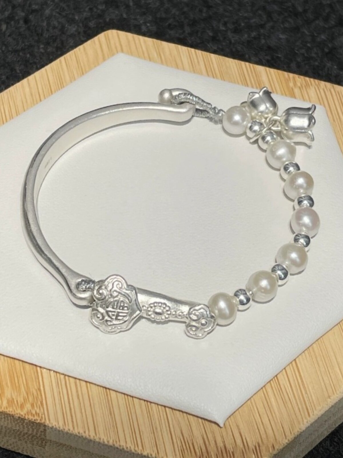 999纯银如意铃兰花珍珠半镯半链女新款小桃花手镯手链生日送女友