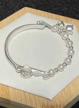999纯银如意铃兰花珍珠半镯半链女新款小桃花手镯手链生日送女友