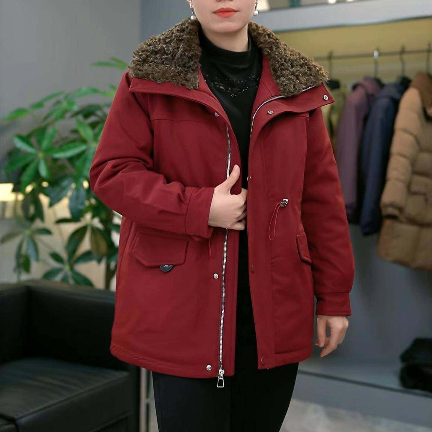 妈妈装冬季新款派克棉衣加绒加厚毛领外套Y1洋气中老年女装中长款