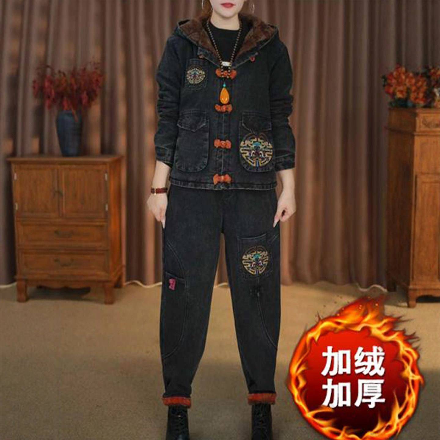 复古民族风牛仔套装冬季加绒加厚保暖时尚刺绣I重工外套两件套女