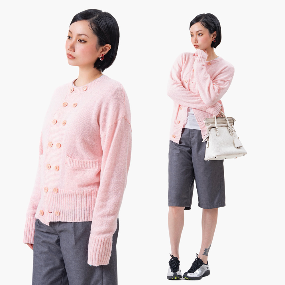 Link Exchange双排扣圆领针织开衫_轻薄春日马海毛小外套