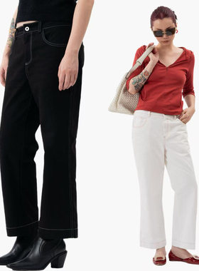 Link Exchange明线撞色设计直筒九分休闲裤_自然舒适弧型中低腰