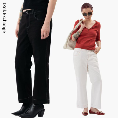 Link Exchange明线撞色设计直筒九分休闲裤_自然舒适弧型中低腰