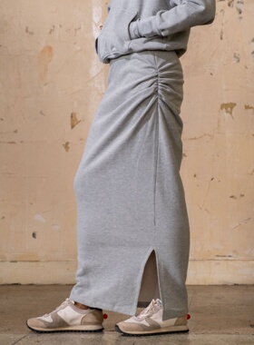 Link Exchange加绒卫衣料直筒长裙_不对称抽皱设计感休闲半裙