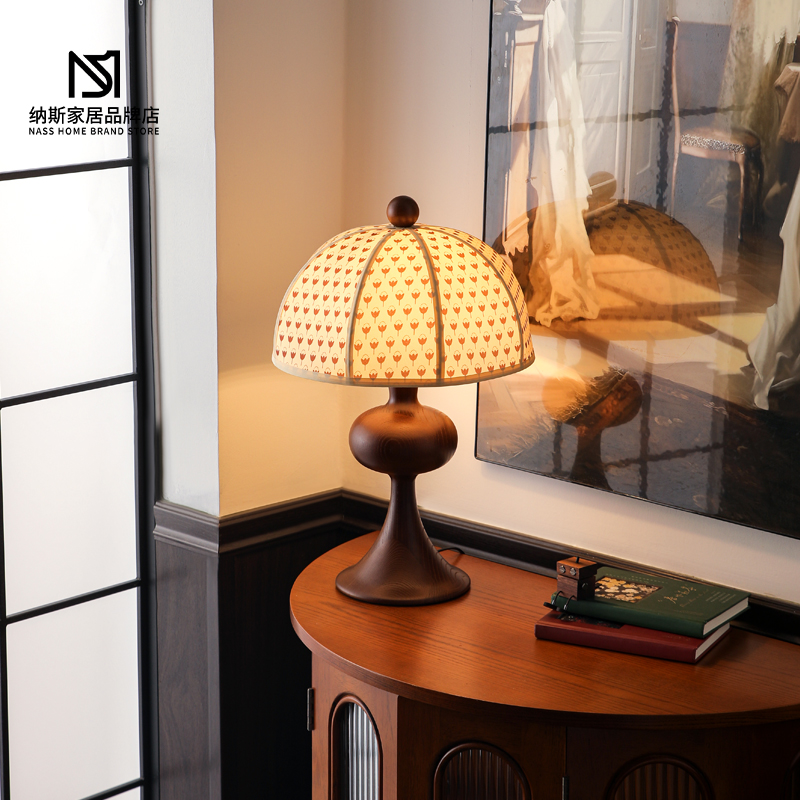 法式中古实木台灯复古印花卧室灯