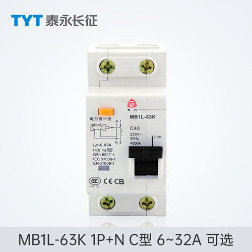 MB1L-63K漏电保护开关AC型32/16TYT泰永长征长九50A10A1P+N断路器