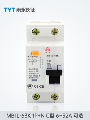 MB1L-63K漏电保护开关AC型32/16TYT泰永长征长九50A10A1P+N断路器