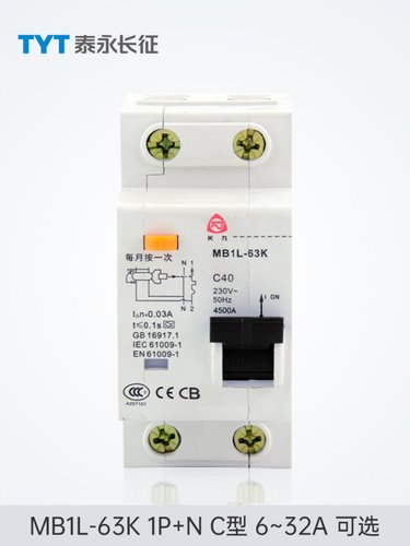 MB1L-63K漏电保护开关AC型32/16TYT泰永长征长九50A10A1P+N断路器