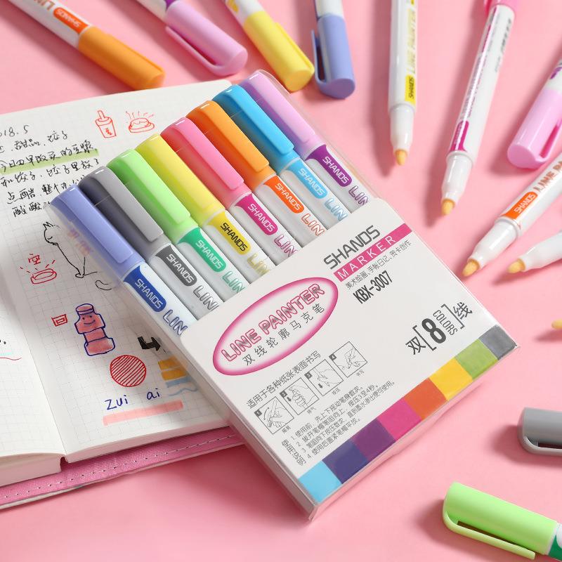 双线轮廓笔标记笔记号笔多色一套学生用彩色马克笔手绘荧光