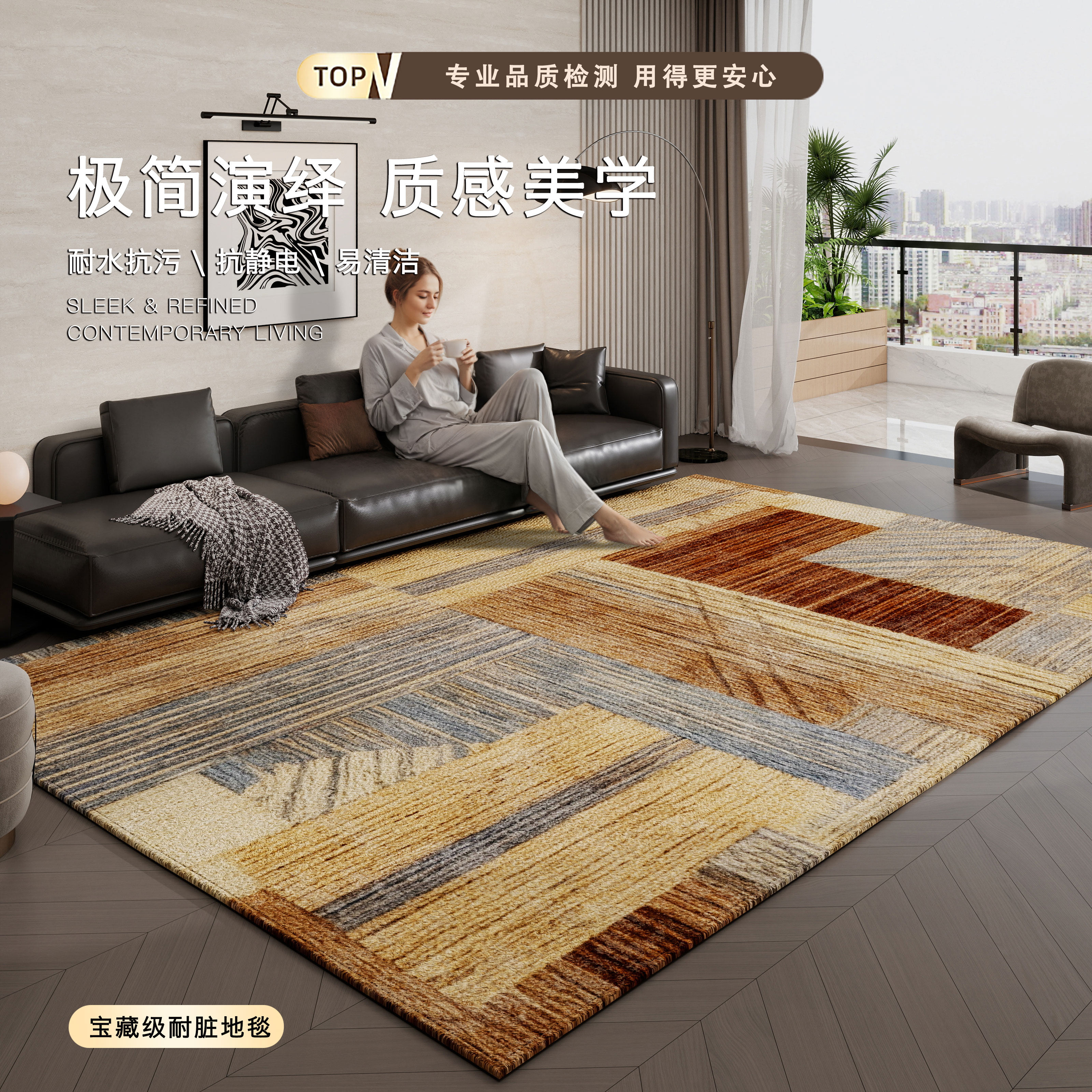 比利时圈绒地毯客厅可擦洗茶几垫子现代轻奢防滑地毯无甲醛可定制