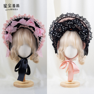 星尘蔷薇lolita原创设计发饰甜酷波点扁帽bnt蕾丝蝴蝶结爱心发带