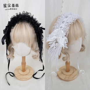 星尘蔷薇lolita原创设计发饰哥特黑白翅膀十字架朋克辣妹风发带