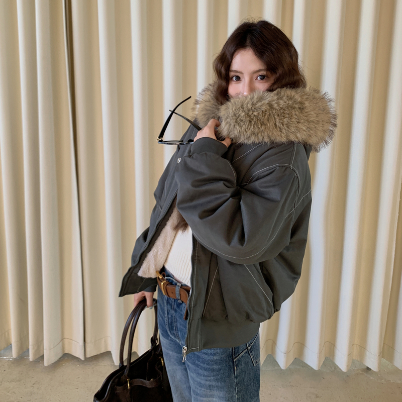 派克服短款羽绒棉服女仿兔毛大毛领连帽棉衣2026冬外套美式复古