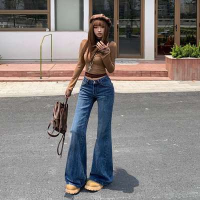 美式复古低腰宽松辣妹喇叭裤ins修身显瘦秋冬牛仔裤女