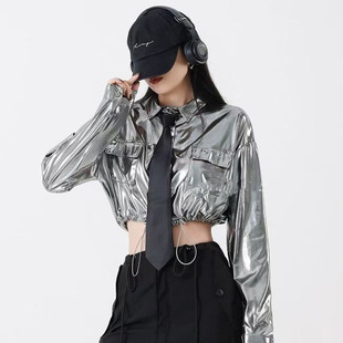 美式音乐节爵士跳舞打歌服银色亮面短外套女宽松显瘦休闲机车服