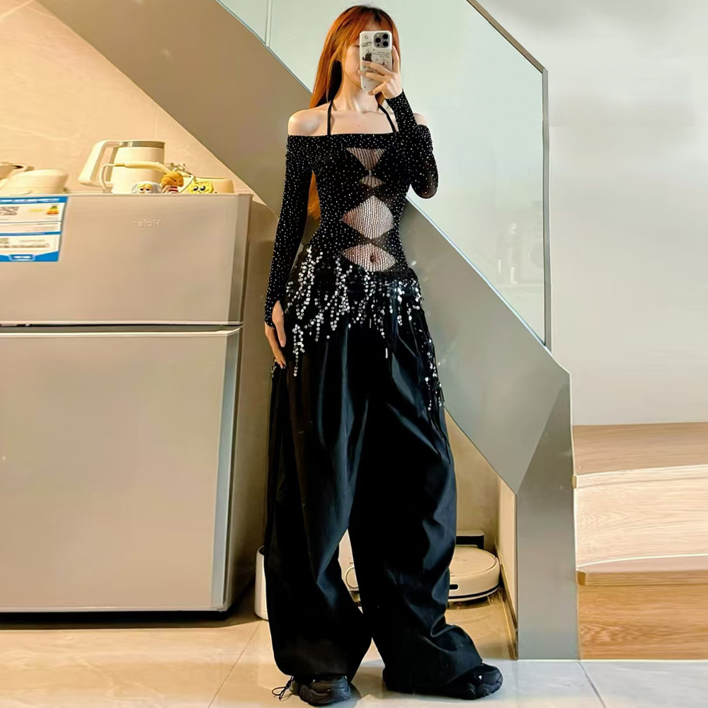 美式甜辣可人跳舞kpop上衣纯欲风性感辣妹爵士跳舞黑色长袖T恤女