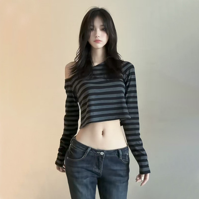 美式辣妹风斜肩条纹长袖T恤女露脐短款显瘦百搭上衣