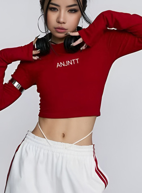 爵士舞红色打歌服跳舞辣妹性感美式上衣女修身短款舞蹈长袖T恤