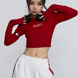 爵士舞红色打歌服跳舞辣妹性感美式上衣女修身短款舞蹈长袖T恤