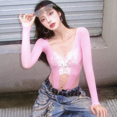 跳舞绝美爵士舞kpop性感粉色长袖T恤女修身显瘦辣妹一字肩上衣