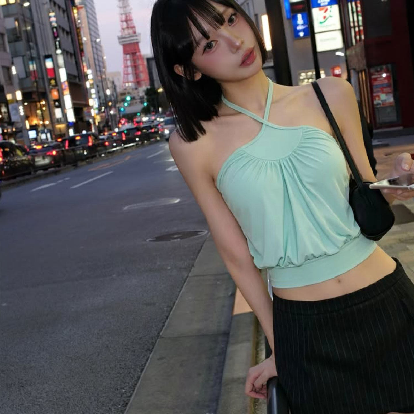 纯欲设计感蓝绿色绑带挂脖背心女夏性感辣妹海边度假风抹胸上衣