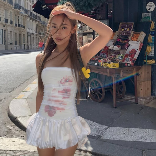 甜美少女风白色辣妹印花抹胸连衣裙女收腰花苞裙蛋糕蓬蓬裙短裙