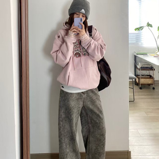 粉色连帽套头卫衣女时尚洋气小个子2025秋季新款韩版宽松早秋外套