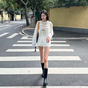 美式白色1996印花宽松长袖T恤女2025新款秋季薄款单穿上衣打底衫