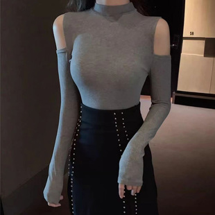 白色kpop跳舞独特短款半高领长袖修身T恤露肩上衣女士kpop打歌服