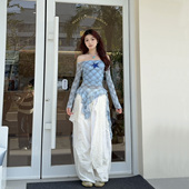 女音乐节白色裤 jazz爵士跳舞演出格子飘带上衣阔腿裤 套装 子两件套