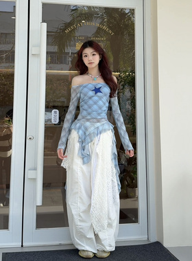 jazz爵士跳舞演出格子飘带上衣阔腿裤套装女音乐节白色裤子两件套