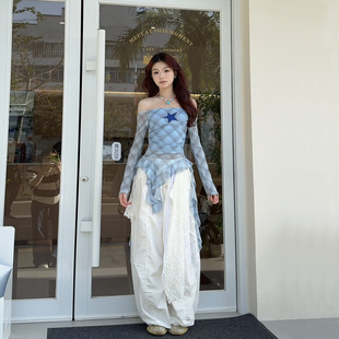 jazz爵士跳舞演出格子飘带上衣阔腿裤套装女音乐节白色裤子两件套