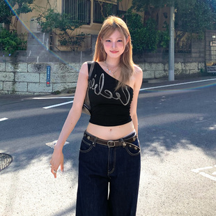 jazz爵士跳舞美式 设计感上衣 辣妹斜肩字母印花吊带背心女黑色短款