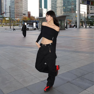 jazz爵士跳舞黑色露肩长袖T恤女一字领设计感修身辣妹紧身上衣