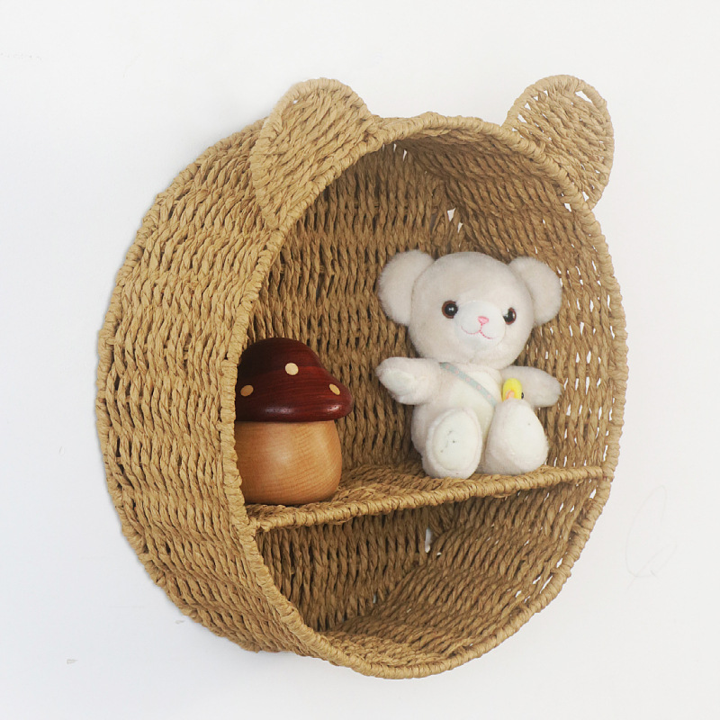 猫耳朵环保纸绳编织置物架圆形收纳筐卧室壁挂化妆品装饰品展示架