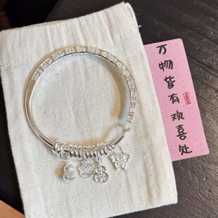 盘缠手工纯银手镯999足银中式醒狮葫芦镯子配件情人节礼物送女友