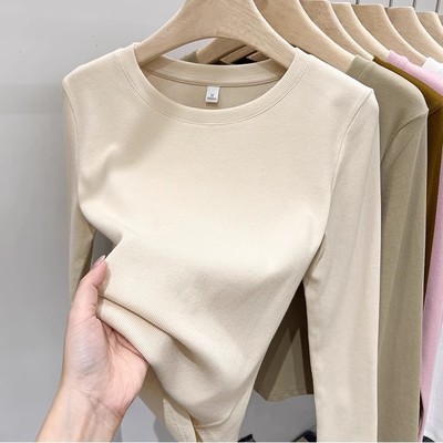 杏色气质打底衫女2024年春秋新款修身高级感女士修身显瘦长袖T恤