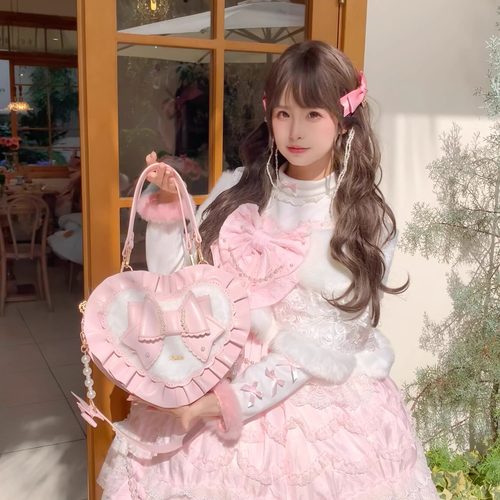 现货【小礼盒】爱心包蝴蝶结毛绒少女甜美lolita原创手提女包