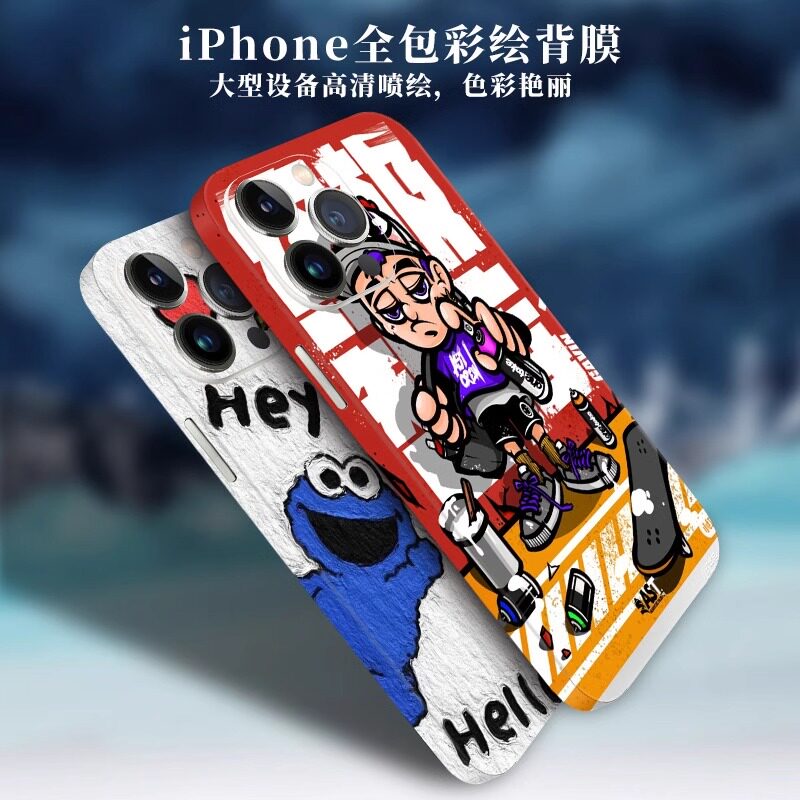 适用iPhone16promax手机包边背膜苹果15plus贴膜13mini后盖彩贴膜14四周边框卡通翻新XR个性定制改色贴纸