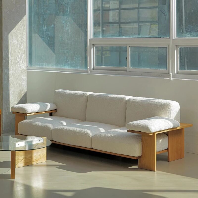 意式复古实木沙发小户型轻奢客厅现代极简中古风金属皮布三人沙发