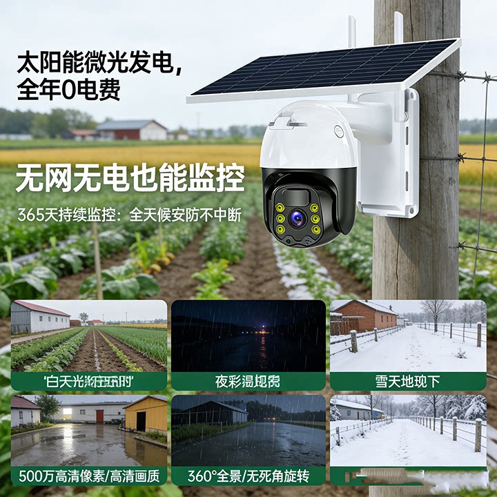 太阳能监控器摄像头360度无死角手机远程室外高清夜视4G无电无网